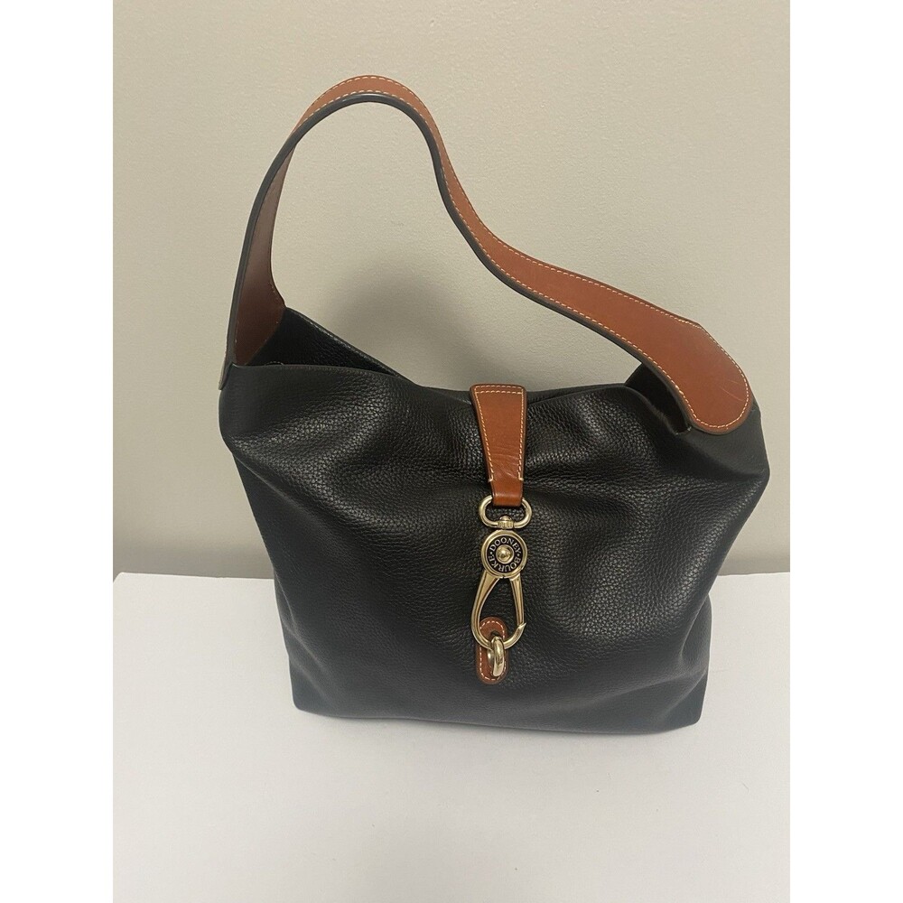 Dooney & Bourke Logo Lock Hobo Black Brown Pebble Grain Leather Duck Clasp READ